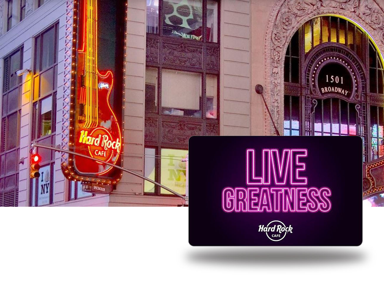 A Hard Rock Cafe Gift Card is against a background of a Hard Rock Cafe building in New York